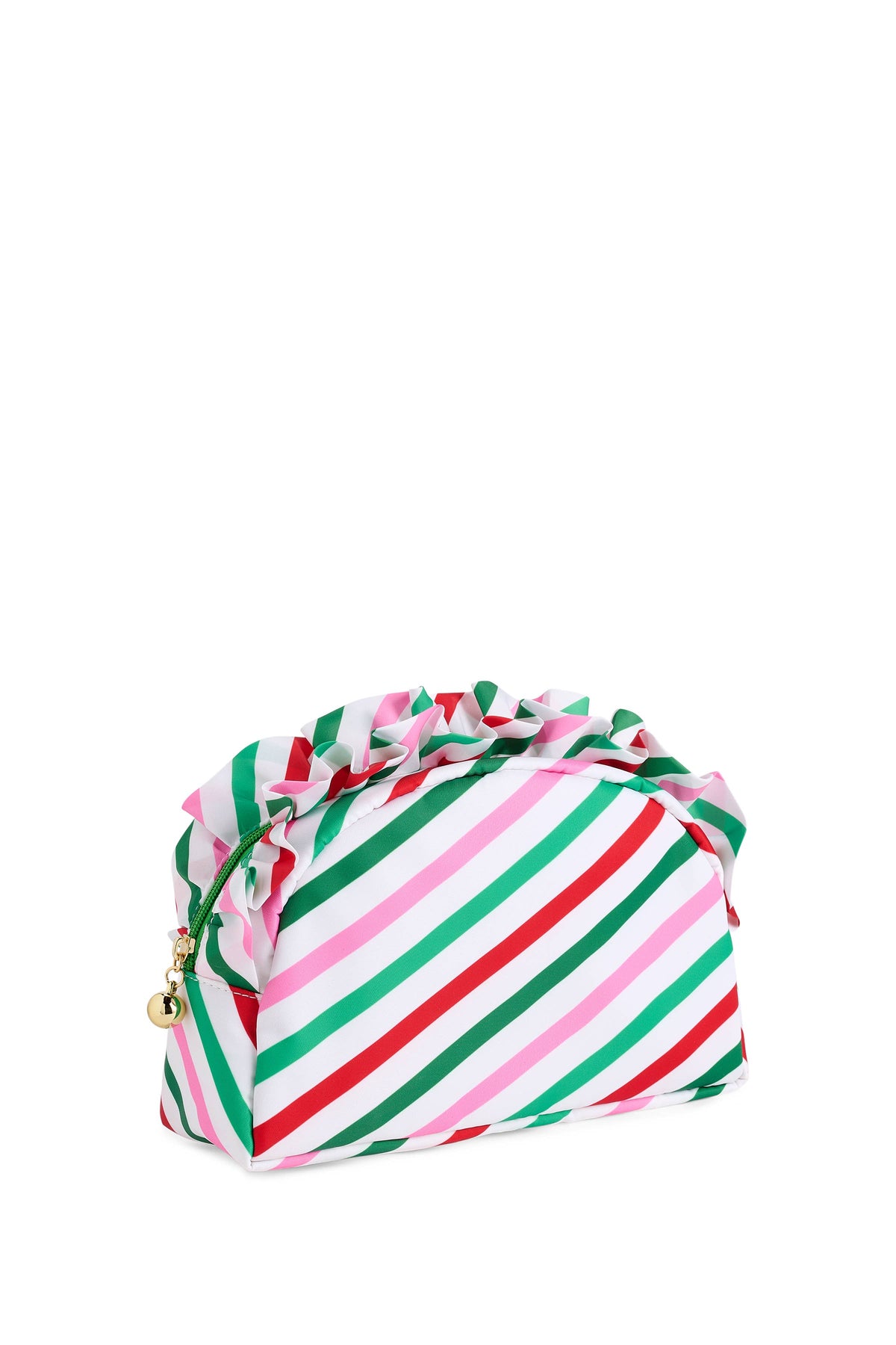 Large Shiraleah Candy Stripes Ruffle Zip Pouch with colorful multi-striped pattern and ruffled edges on a white background.