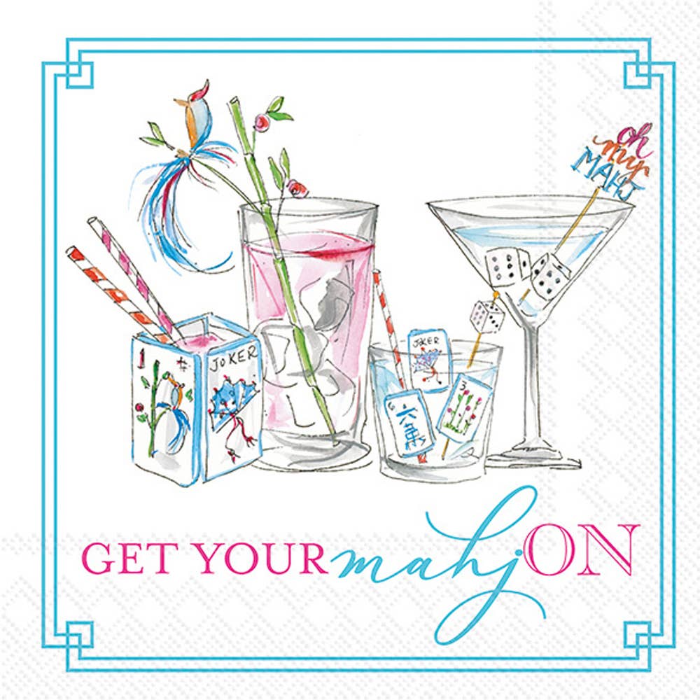Set of 20 Mahjong-themed cocktail napkins by Boston International featuring colorful, decorative game-inspired designs.