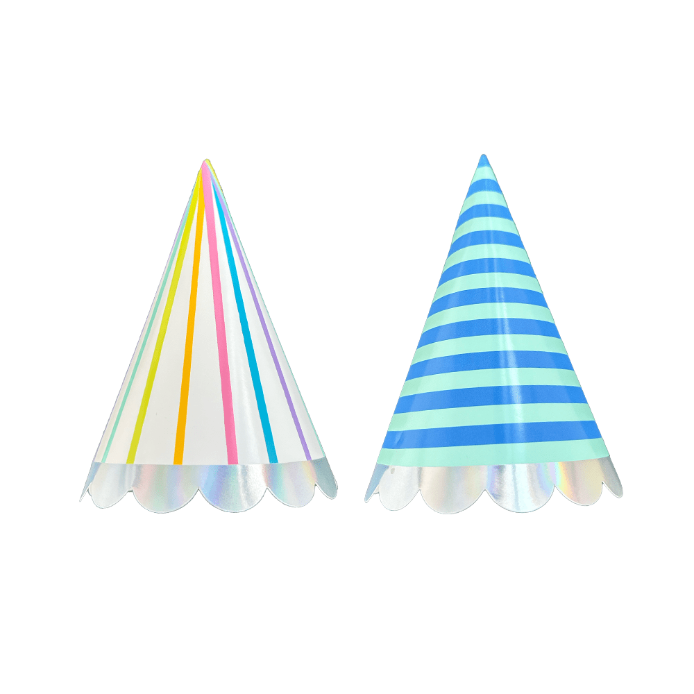 Set of 8 colorful birthday party hats by Jollity & Co. and Daydream Society, featuring festive designs for celebration.