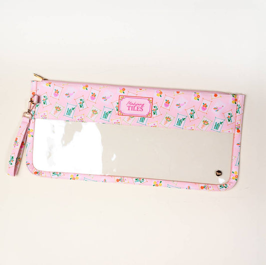 Pink Mahjong tile keeper pouch by The Darling Effect featuring a playful "It's Mahj Time" design for storing tiles.