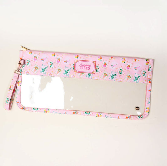 Pink Mahjong tile keeper pouch by The Darling Effect featuring a playful "It's Mahj Time" design for storing tiles.