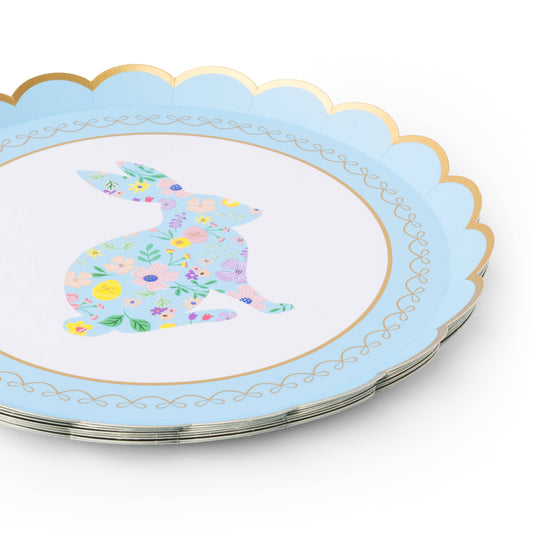 Set of 8 Easter Bunny floral dessert plates by Bonjour FĂȘte, 8.5-inch size with colorful bunny and floral design.