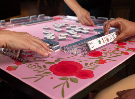 Pink rose-themed Mahjong mat by Hutch and Nook with intricate floral design, ideal for traditional Mahjong gameplay.