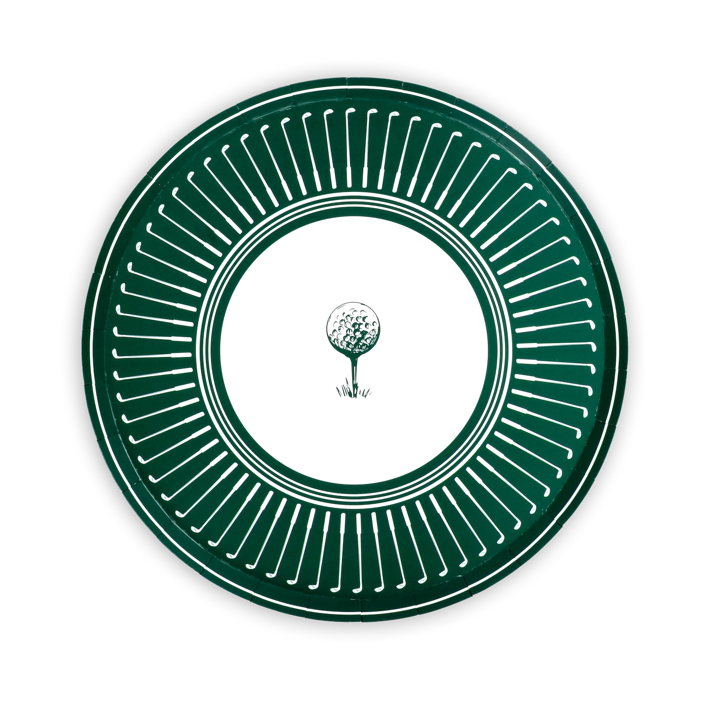Set of 8 Gatherings by Curated Paperie 10.5-inch golf dinner plates with a green golf course design.