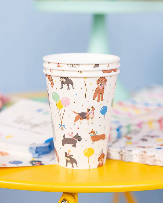 Set of 8 My Mind’s Eye dog-themed party cups, 12 oz size, with colorful dog illustrations for festive celebrations.