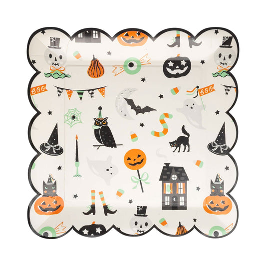 Set of eight 10-inch paper plates featuring Halloween-themed tricks and treats designs by My Mind’s Eye.