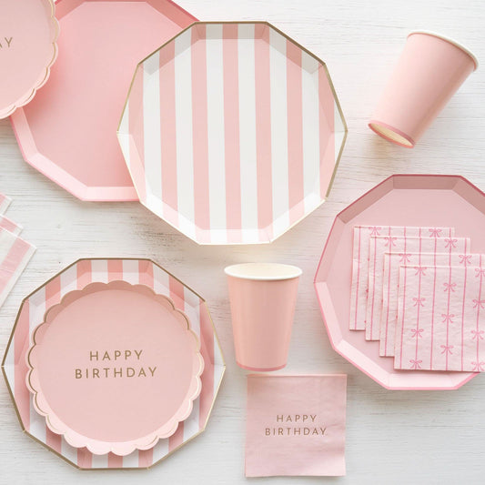 Set of 8 Petal Pink Happy Birthday dessert plates by Bonjour Fête, 8.5-inch paper plates with floral design for birthday celebrations.