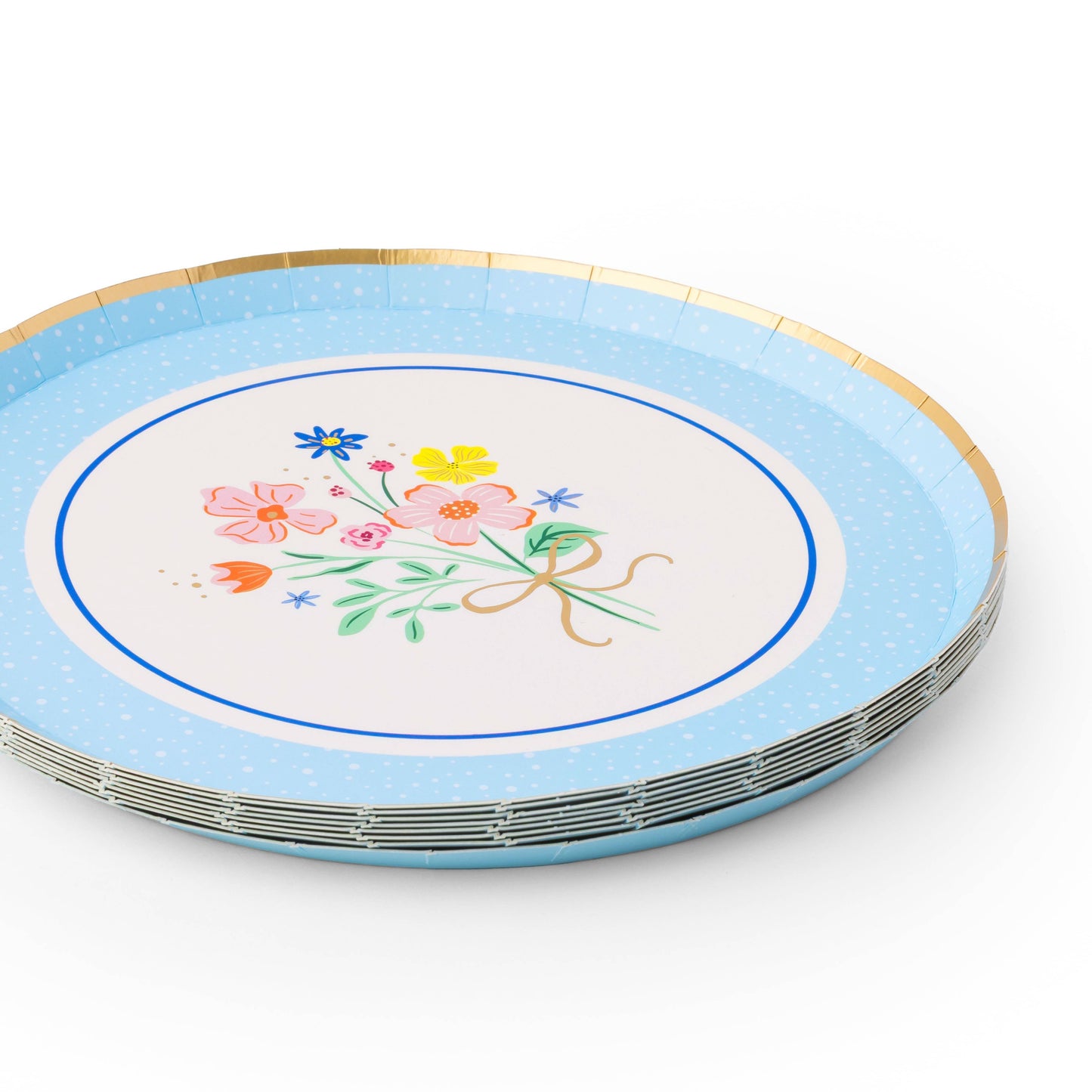Set of eight vintage pastel floral dessert plates by Bonjour Fête, 8-inch size, featuring delicate floral patterns.