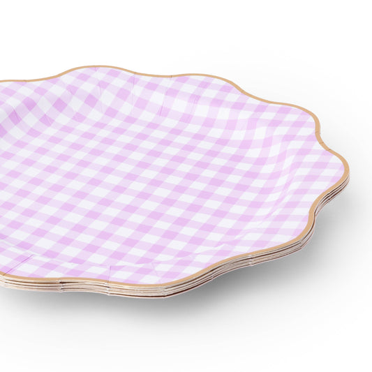 Set of 8 lilac gingham dinner plates by Bonjour FĂȘte, 10.75-inch ceramic tableware with a classic checkered pattern.