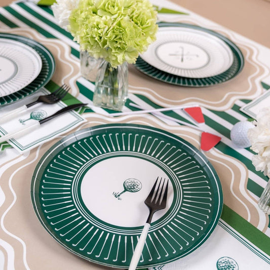 Dark green striped table runner by Gatherings, 18x120 inches, showcasing elegant fabric with subtle stripe pattern on a dining table.