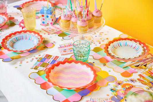 Set of 10 Packed Party Birthday Wishes dinner plates, 10-inch size, featuring colorful birthday-themed designs for celebrations.
