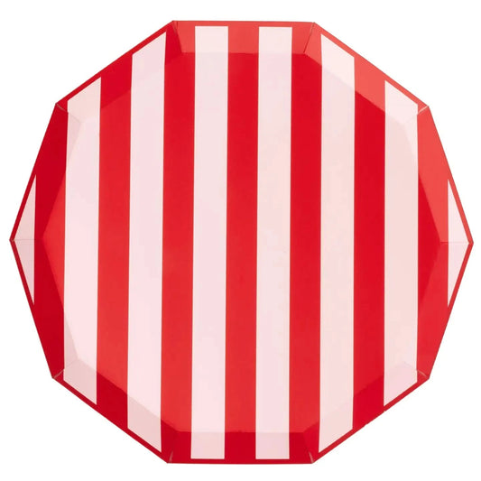 Set of 8 Bonjour Fête Pink and Red Signature Cabana Stripe Plates, 10.75-inch dinnerware with vibrant stripe design