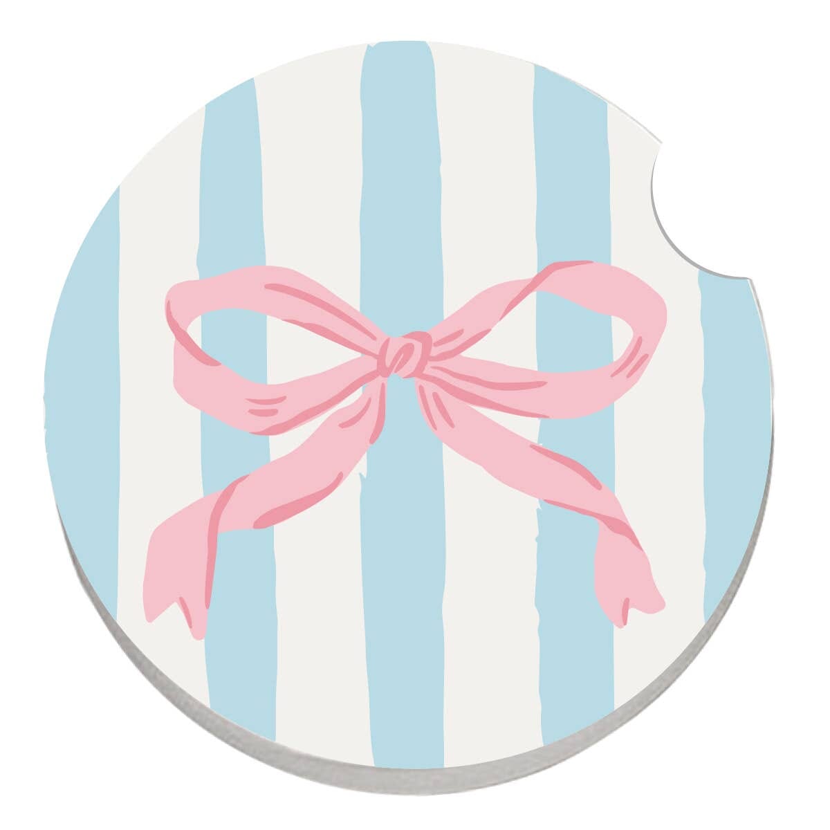 Set of 2 pink bow and blue stripe car coasters by soiree-sisters, featuring cute decorative designs for vehicle cup holders.