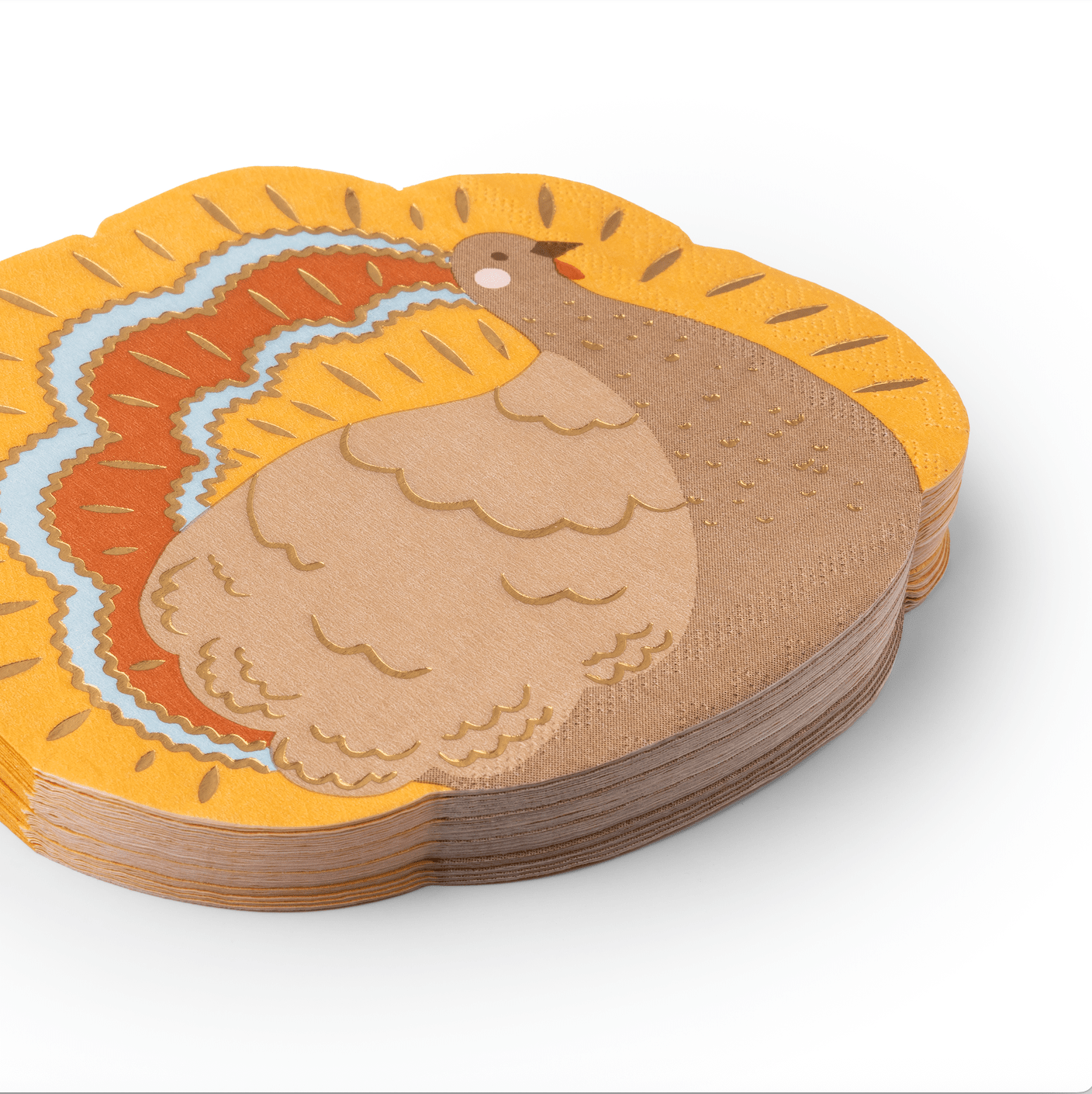Set of two charming turkey napkins from Bonjour Fête, featuring festive fall designs for Thanksgiving celebrations.