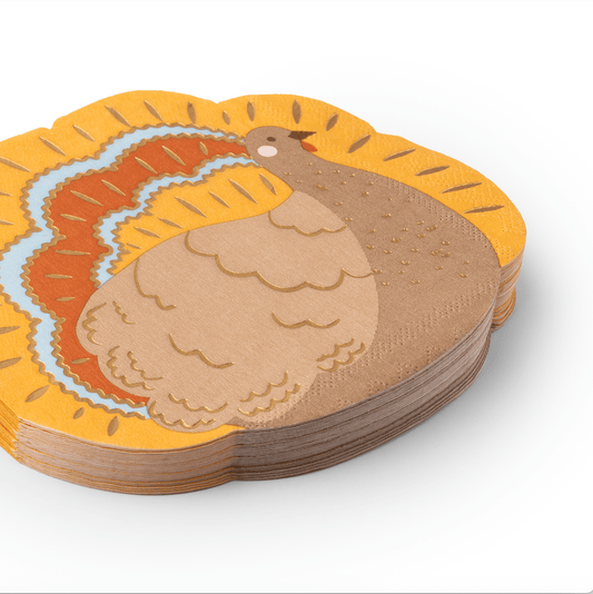 Set of two charming turkey napkins from Bonjour Fête, featuring festive fall designs for Thanksgiving celebrations.