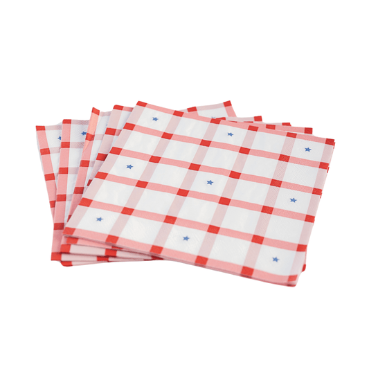 Red gingham 4th of July large napkins from Bonjour Fête, pack of 20, featuring patriotic red and white checkered design.