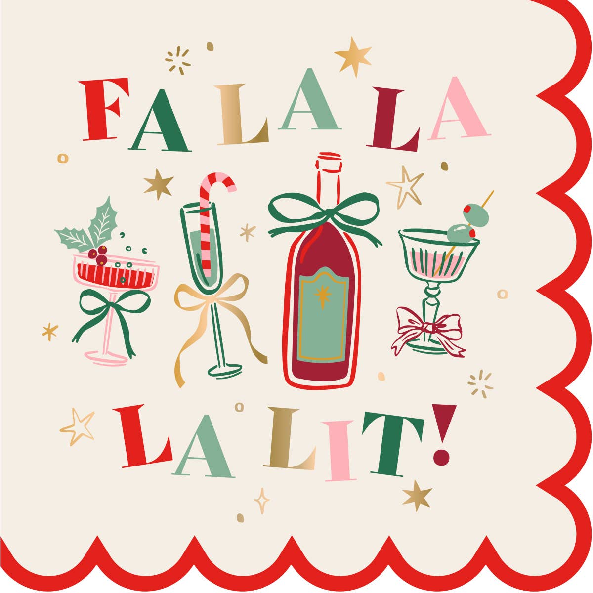 Funny Holiday Cocktail Napkins | Fa La La Lit Scallop Foil - 20ct