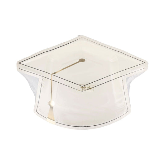 Set of 8 graduation cap-shaped plates by My Mind’s Eye, featuring black caps with gold tassels for celebration events.