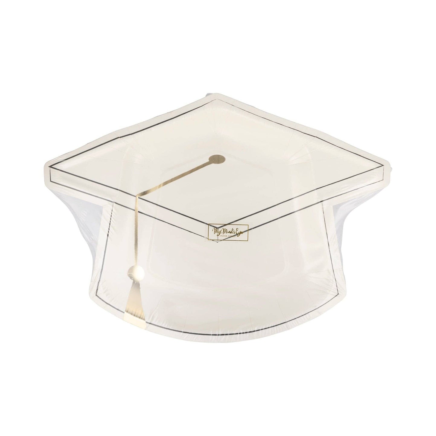 Set of 8 graduation cap-shaped plates by My Mind’s Eye, featuring black caps with gold tassels for celebration events.