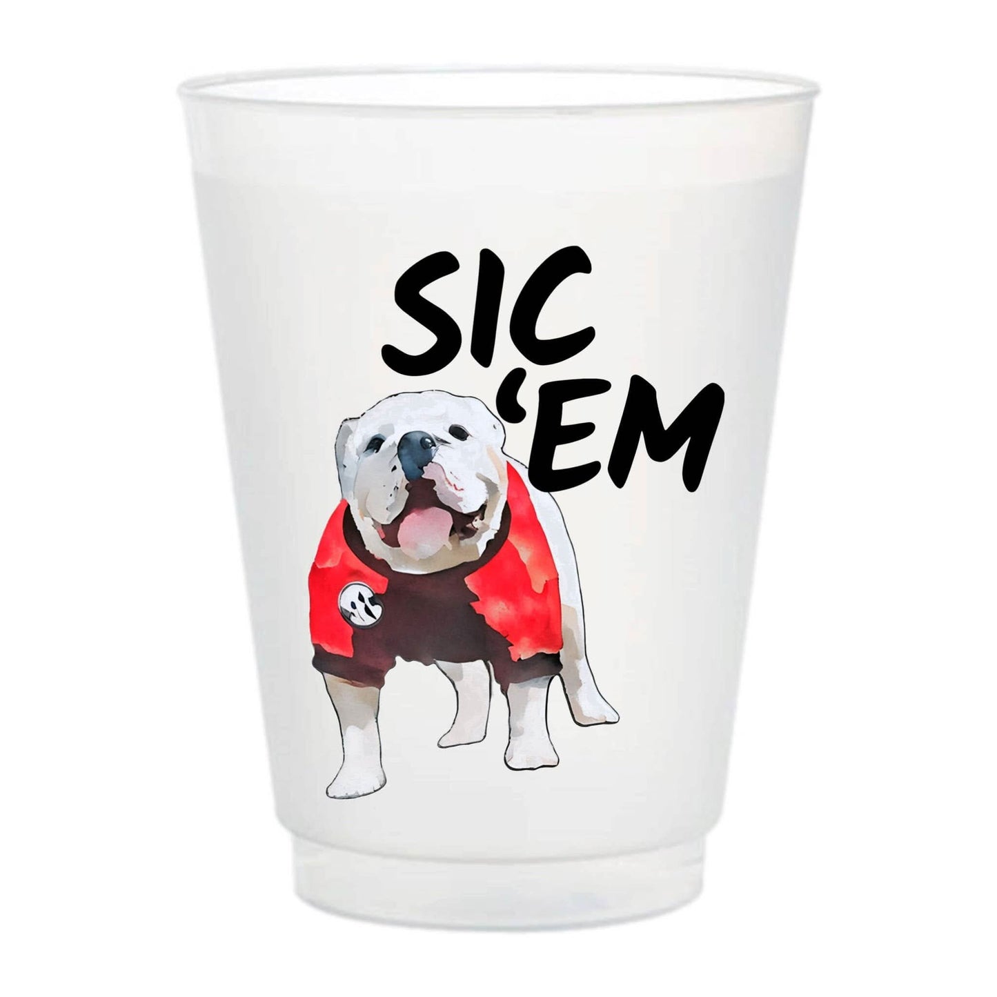 Set of six MadHouse Sic 'Em Frosted Cups with a semi-transparent frosted finish and bold black lettering for stylish drinking.