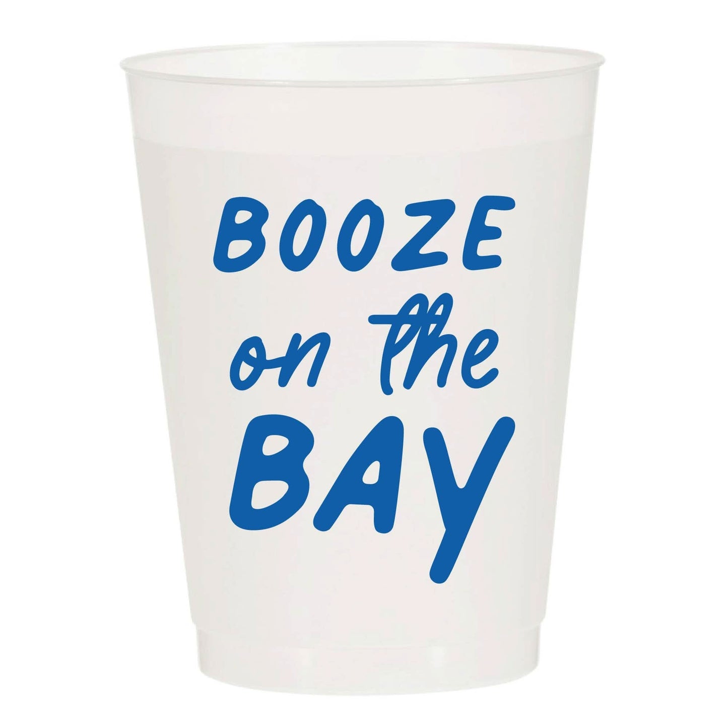 Set of six Sip Hip Hooray Frosted Cups for drinks, featuring a "Booze on the Bay" design, perfect for parties and gatherings.