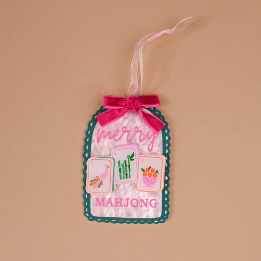 Acrylic ornament featuring a Merry Mahjong design from The Darling Effect, with colorful festive Mahjong tiles and holiday accents.