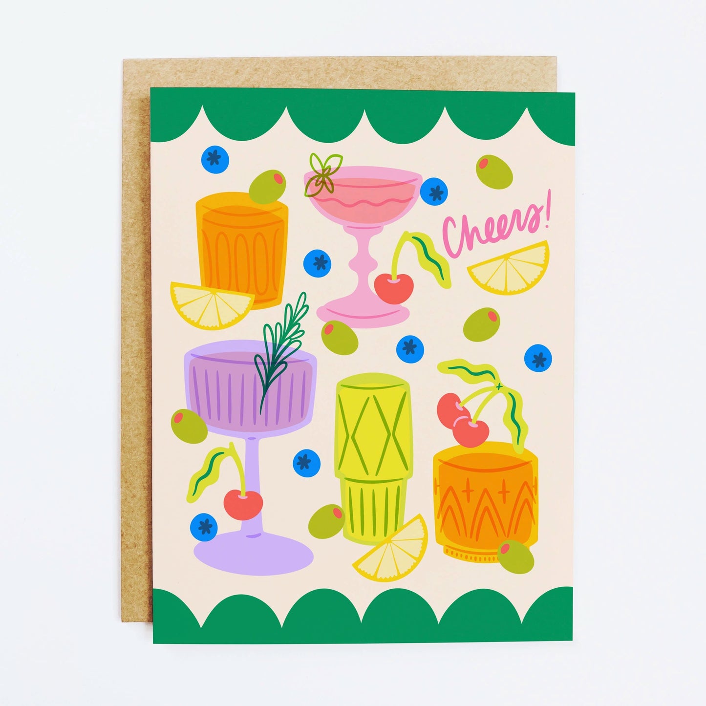 Vintage cocktail cheers card by K+S Design Co featuring retro style and festive drink illustrations.
