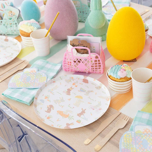 Set of eight 10-inch round plates featuring bunny and garden designs by Jollity & Co. and Daydream Society.