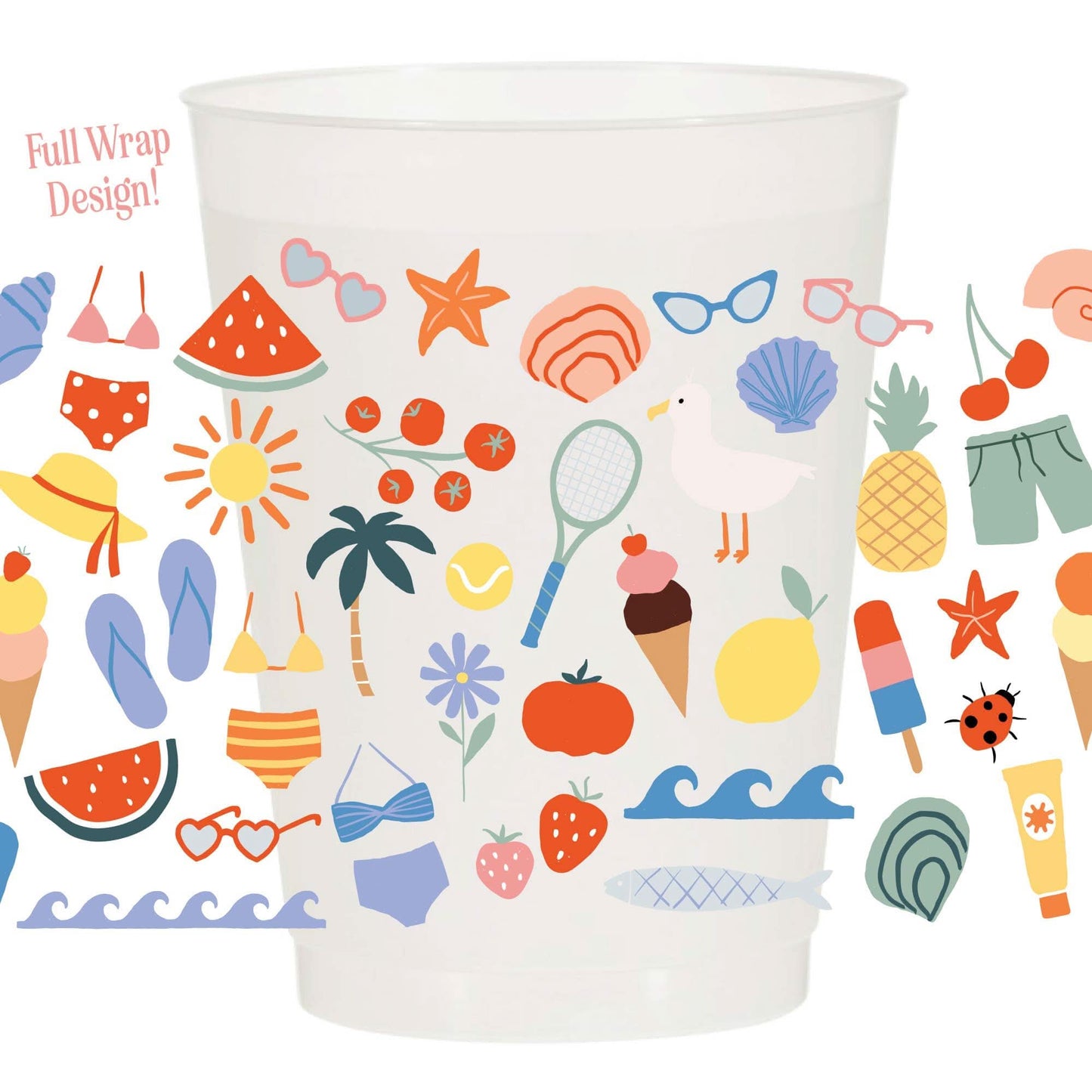 Set of six Summer Icons full wrap frosted cups by Sip Hip Hooray, featuring colorful summer-themed graphics.