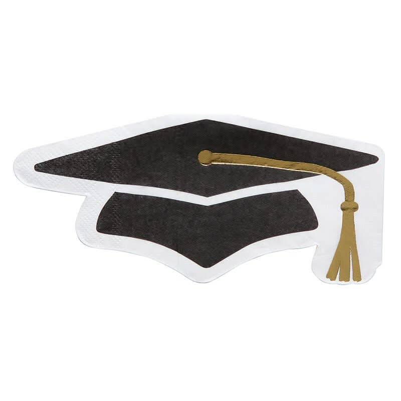 Set of 20 graduation cap napkins with printed black caps and tassels, ideal for celebrating graduation parties.
