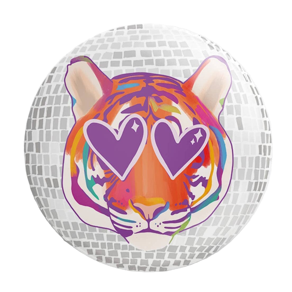 Colorful tiger design with heart eyes on a circular mosaic background