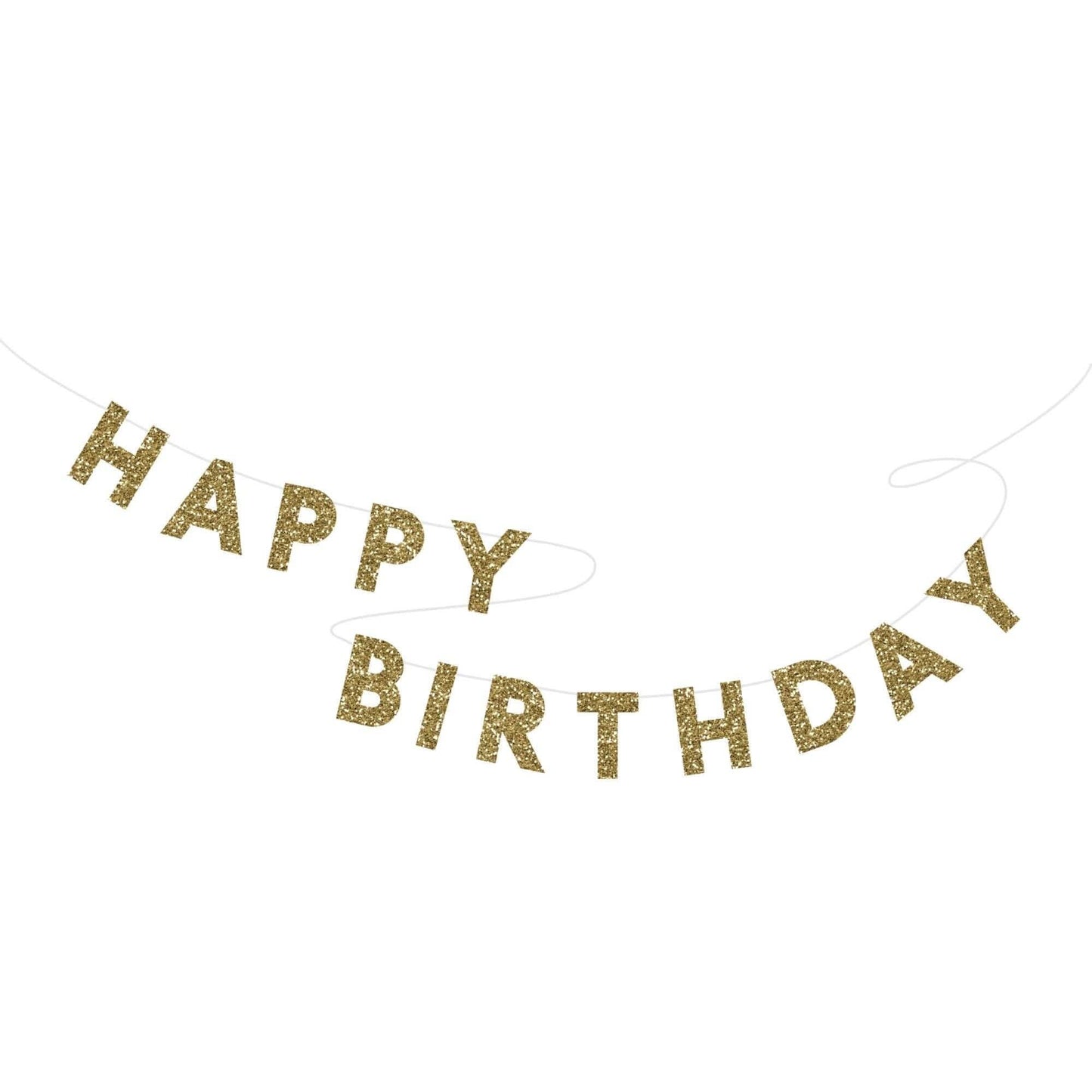 Gold glitter Happy Birthday banner by Bonjour Fête, featuring shiny gold letters on a festive string for birthday celebrations.