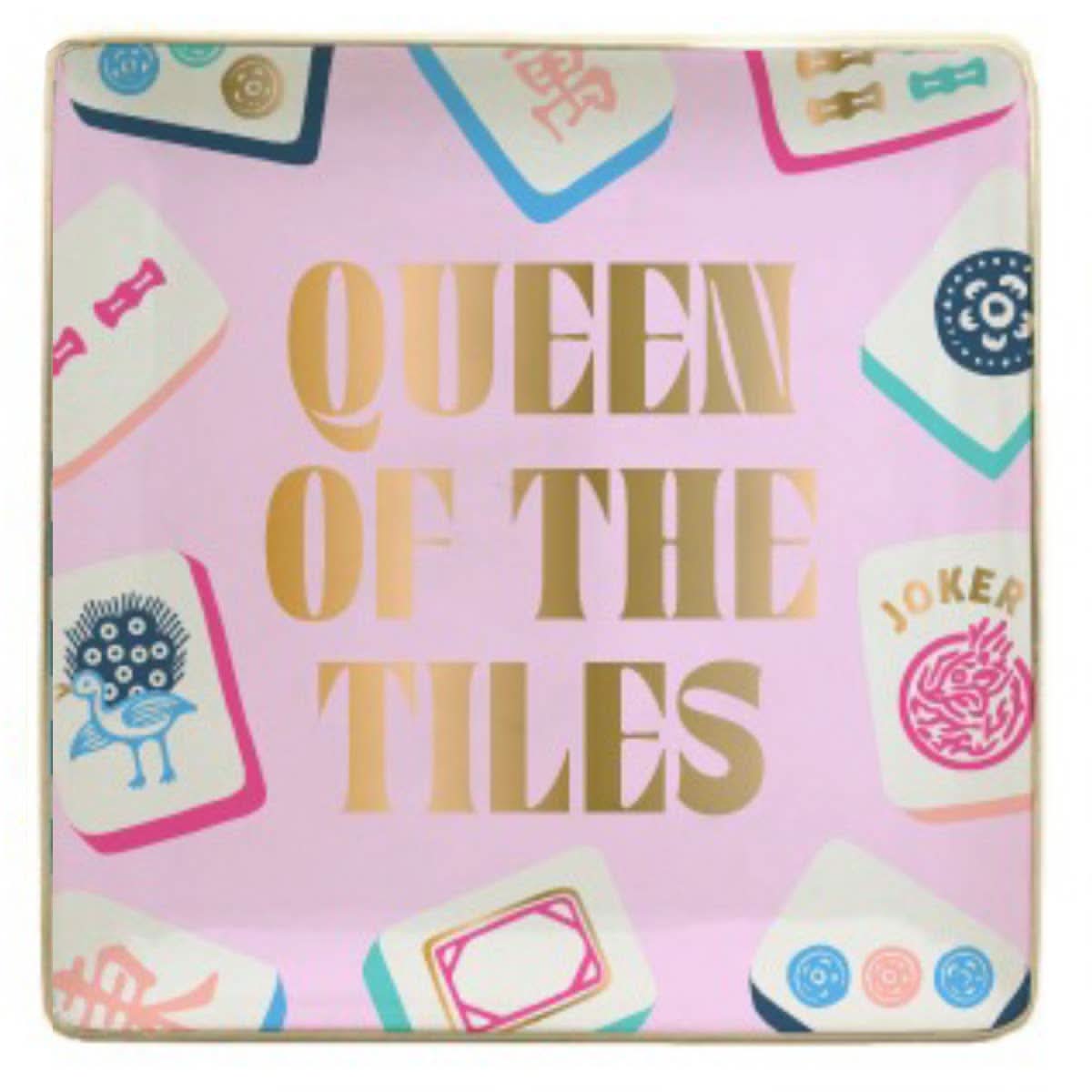 Ceramic Mahjong trinket tray featuring Queen of the Tiles design, decorative jewelry and small item holder, by soiree-sisters.