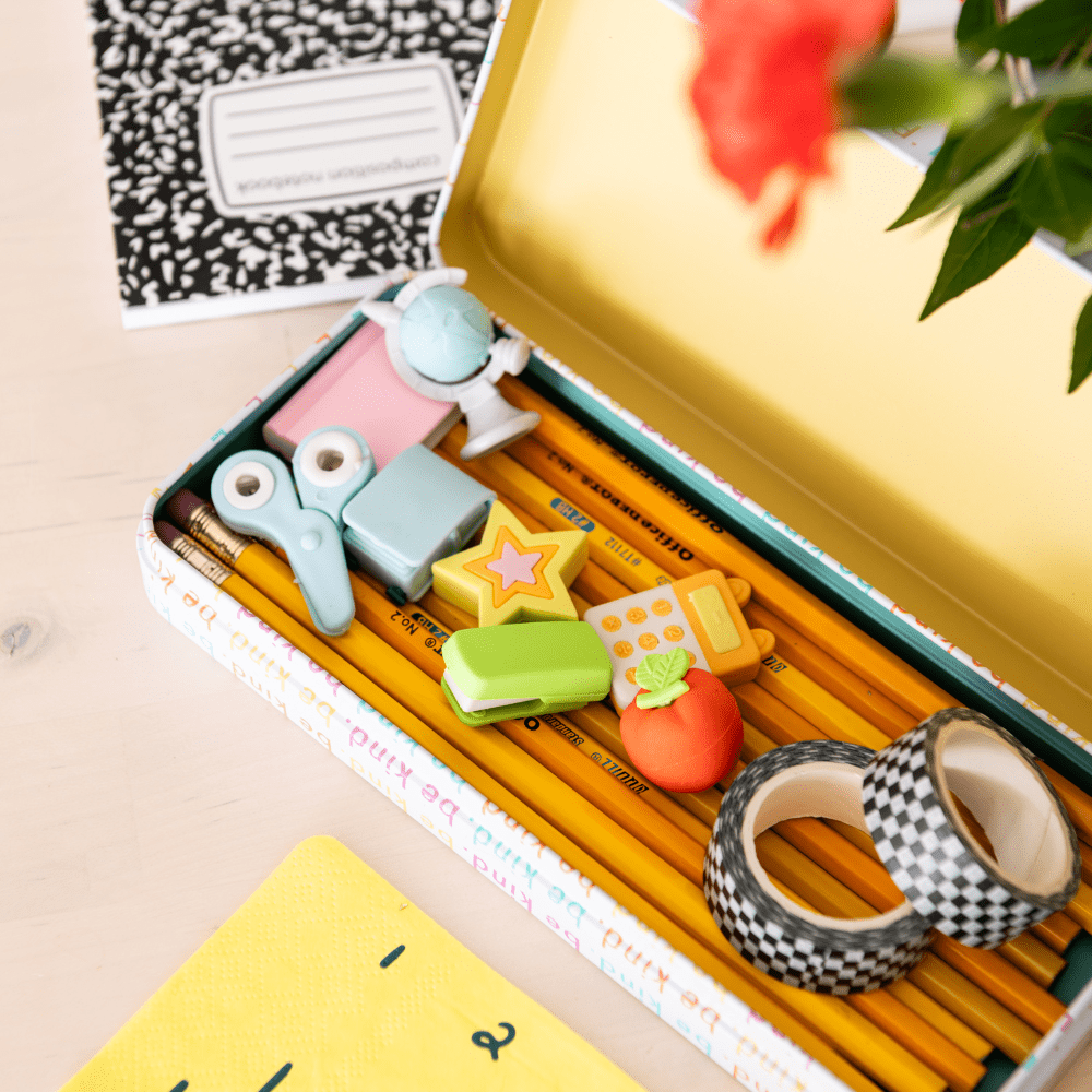 Jollity & Co. Smarty Pants Eraser Set with colorful cartoon character erasers and playful designs on a white background.