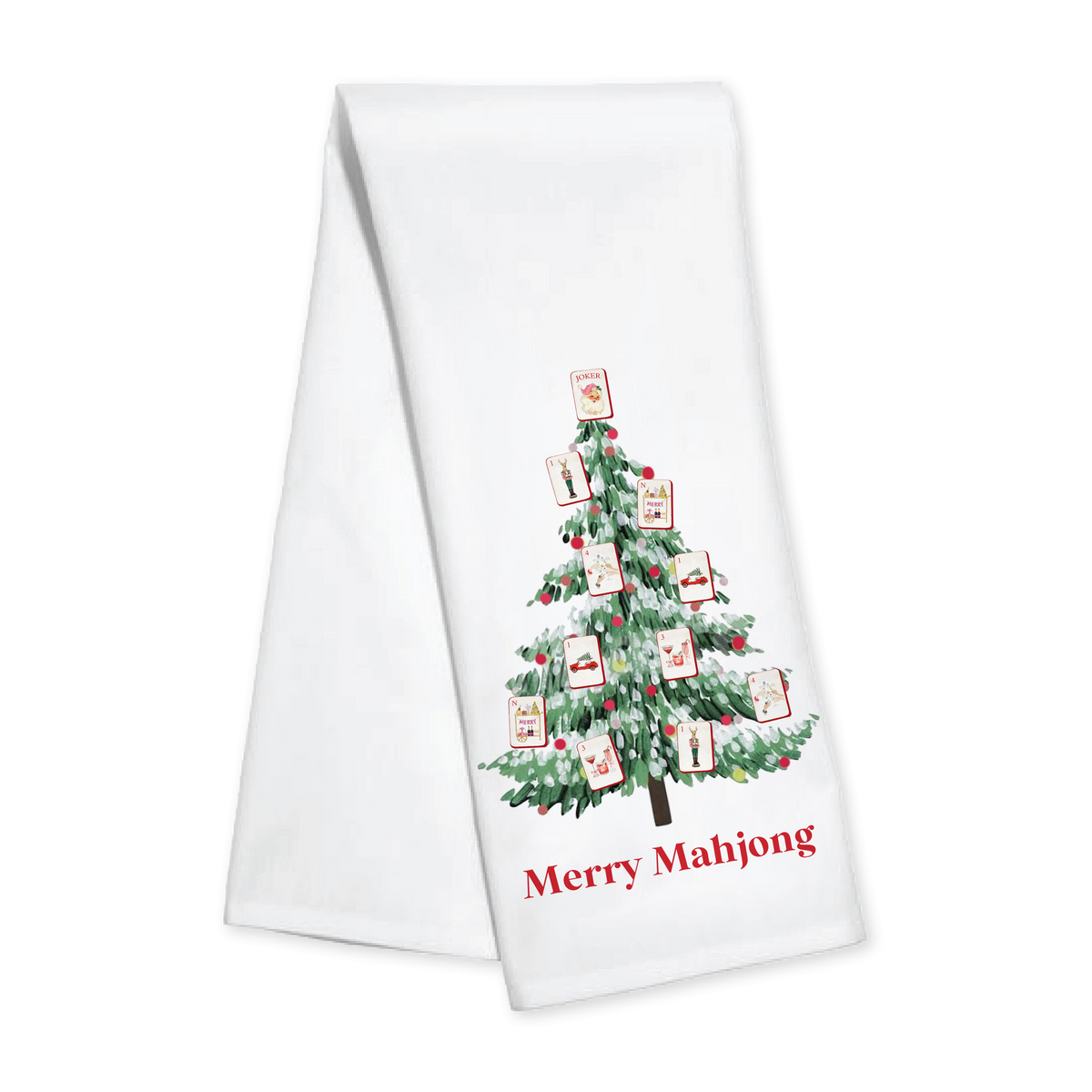 Kitchen towel featuring a festive Merry Mahjong Tree design by Toss Designs, showcasing colorful holiday-themed embroidery.