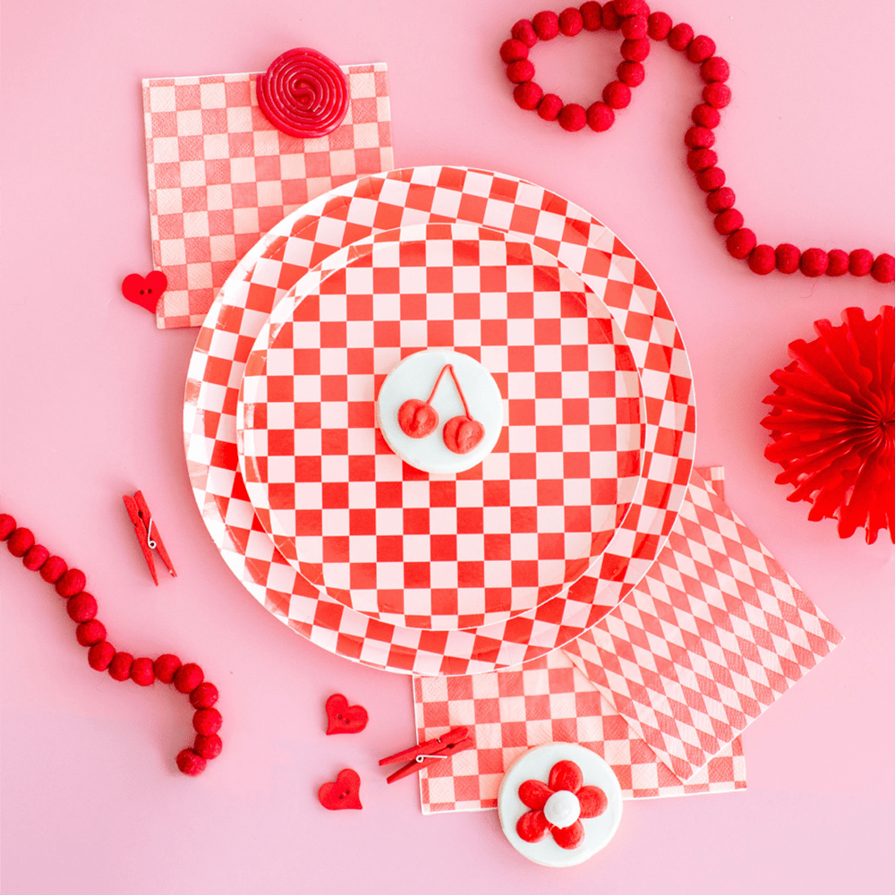 Set of eight 10-inch Cherry Crush plates by Jollity & Co. and Daydream Society, featuring vibrant cherry blossom designs.