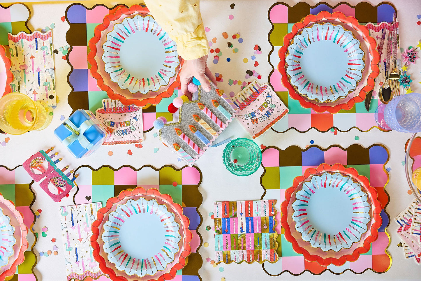 Packed Party Birthday Wishes Dinner Plates set of 10, 10-inch paper party plates with colorful birthday-themed designs.
