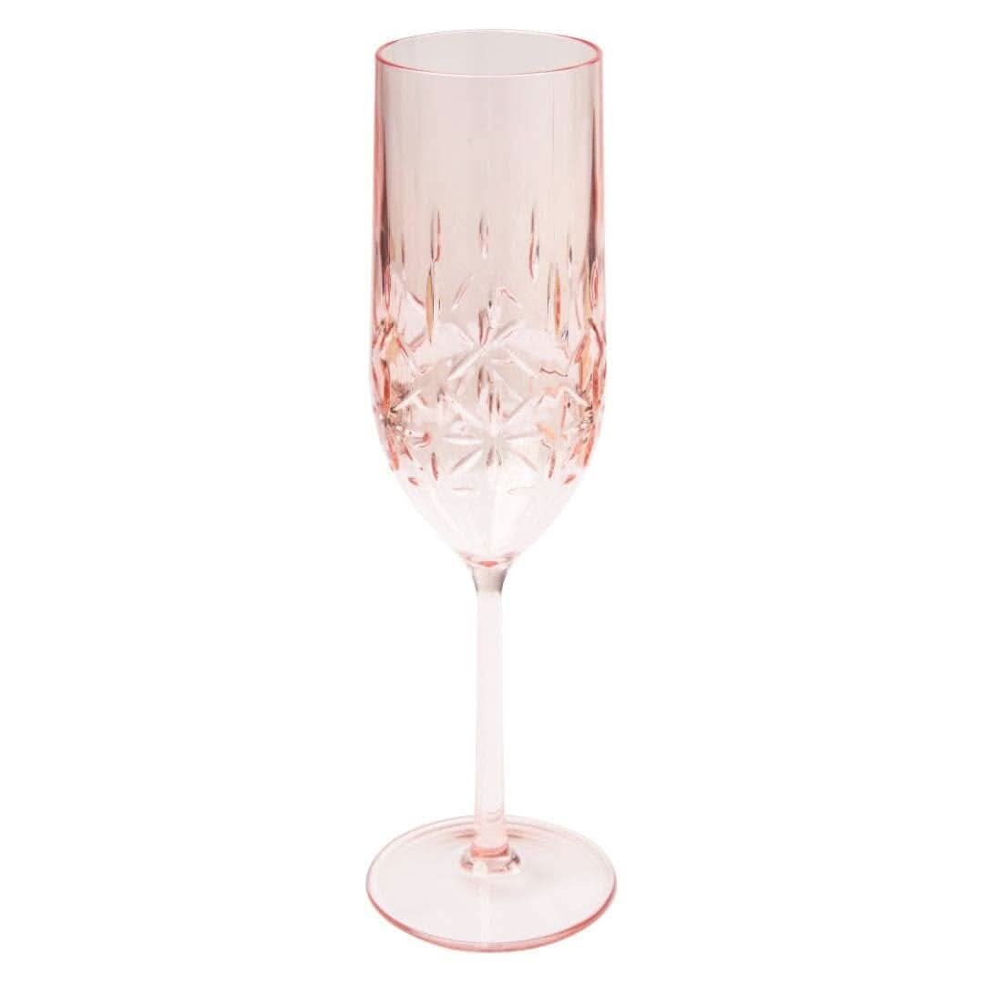 Shatterproof blush champagne glass by Sophistiplate featuring a delicate, elegant design for celebratory toasts.