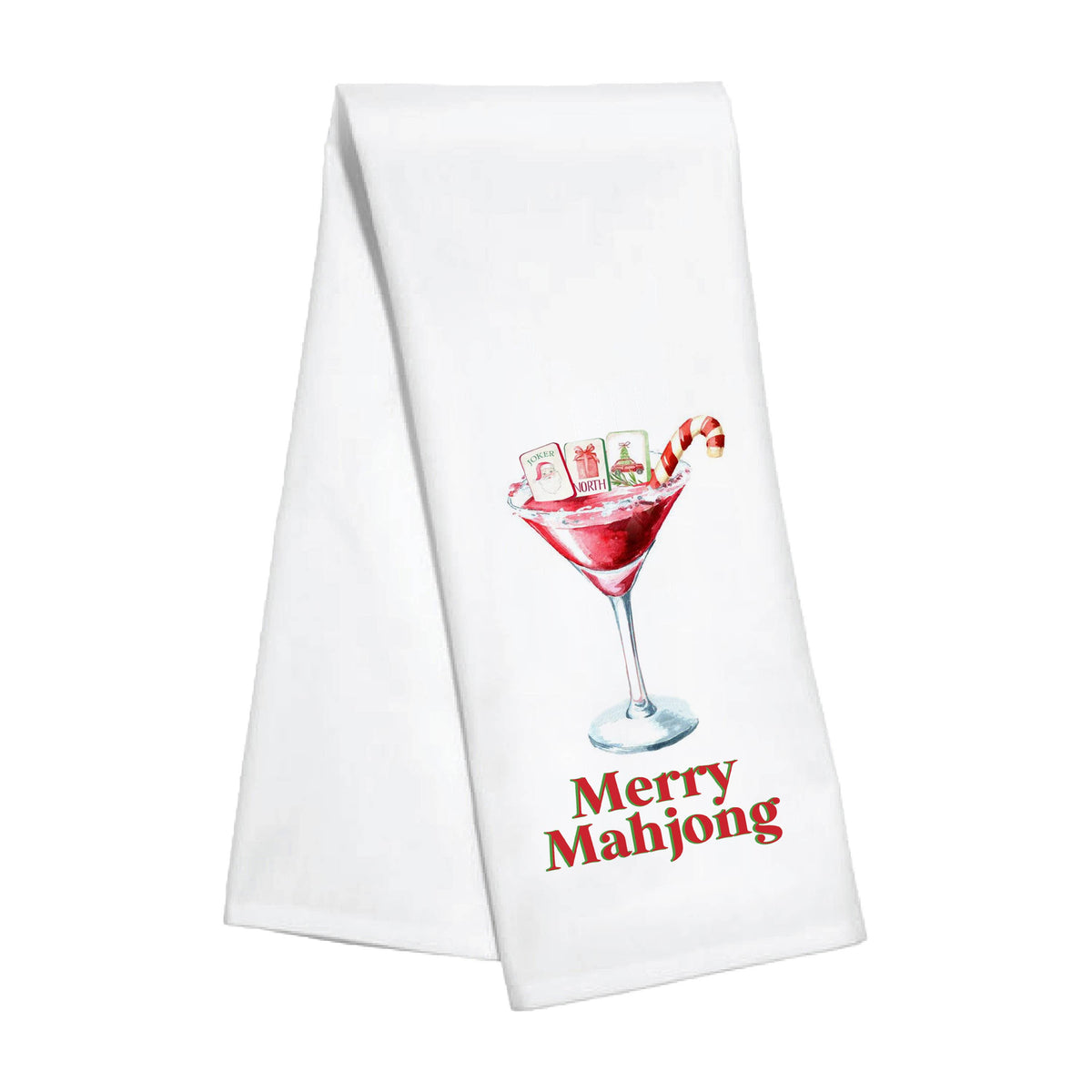 Merry Mahjong kitchen towel by Toss Designs featuring festive holiday design with colorful tiles and cheerful lettering.