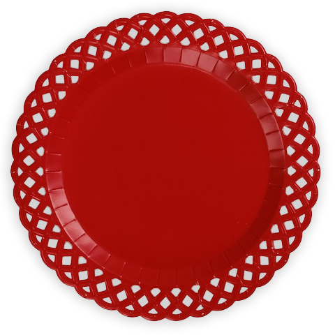 Set of six red basketweave dinner paper plates with textured pattern by Gatherings by Curated Paperie.