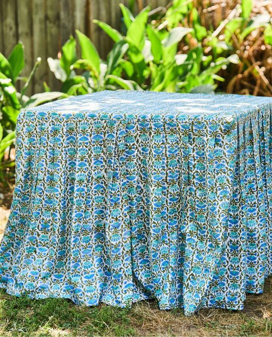 Elegant Audrey tablecloth with floral pattern from The Gilded Grasshopper, showcasing intricate fabric details and vibrant design.
