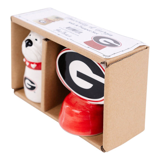 UGA Salt & Pepper Set by Glory Haus featuring decorative ceramic containers with team logo and matching shakers.