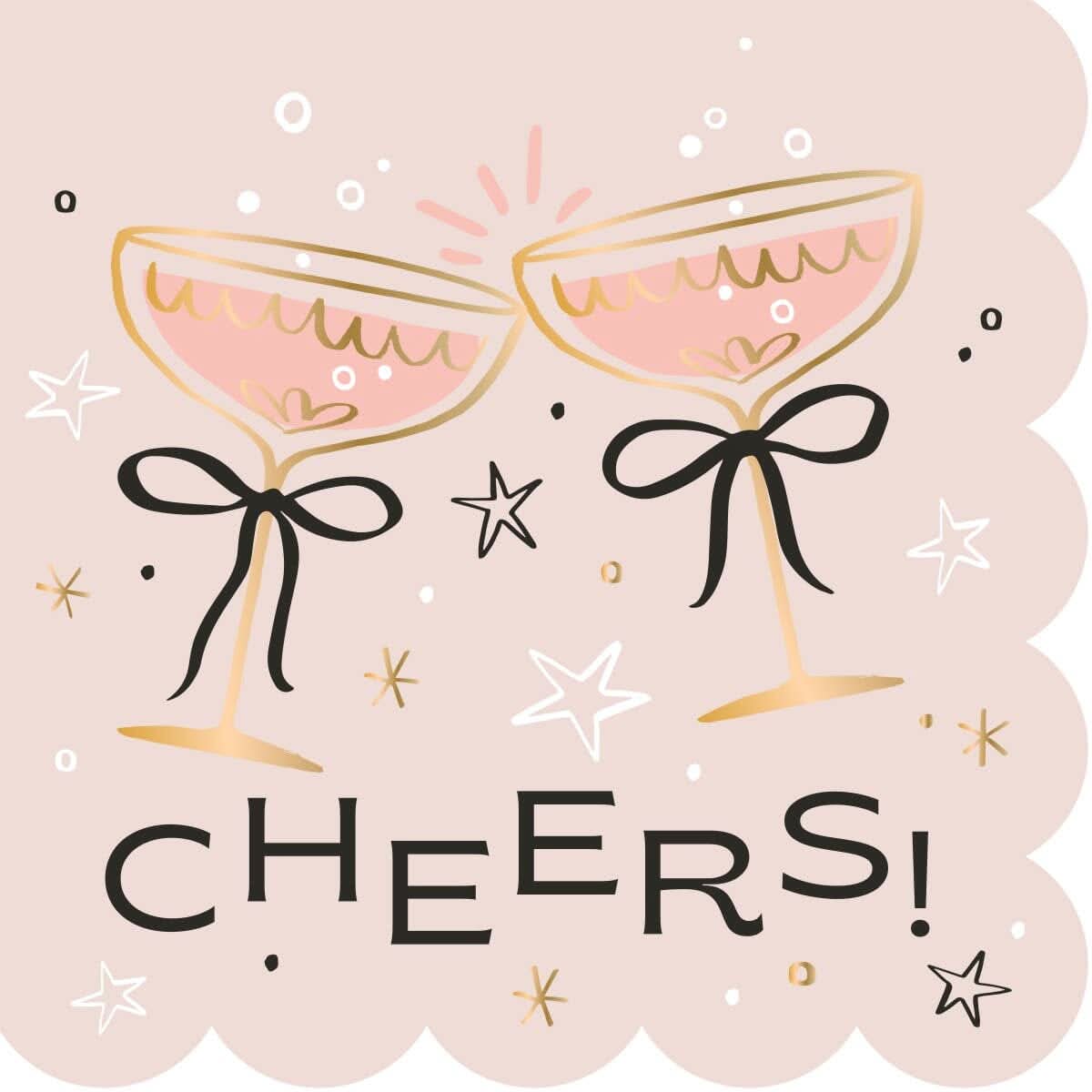 Set of 20 Cheers Bows foil cocktail napkins with festive design from Soiree Sisters, perfect for celebrations and parties.
