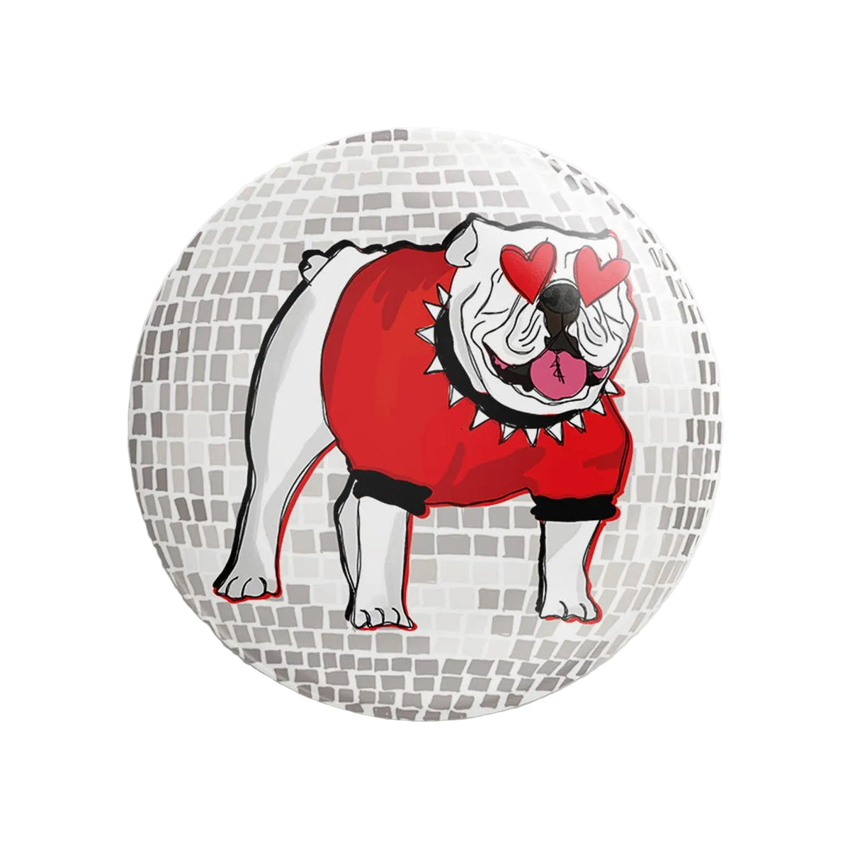 Thanks For Everything Heart-Eyed Disco Dawg button showing a cartoon dog with heart-shaped eyes and a shiny disco ball background.