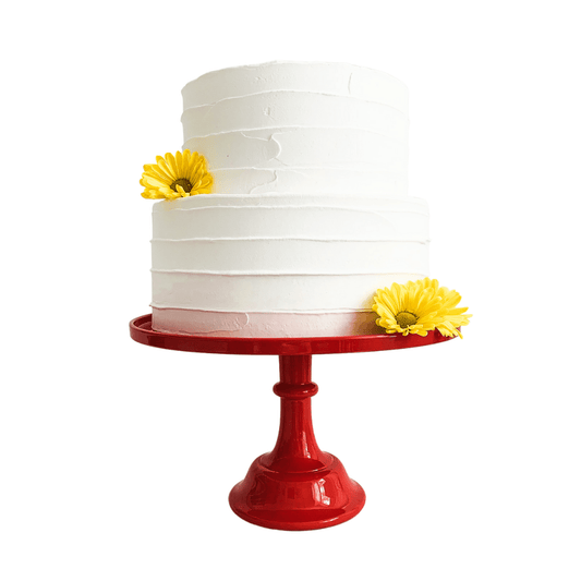 Red melamine cake stand with cupcake and dessert display, featuring a tiered design for party desserts and treats.