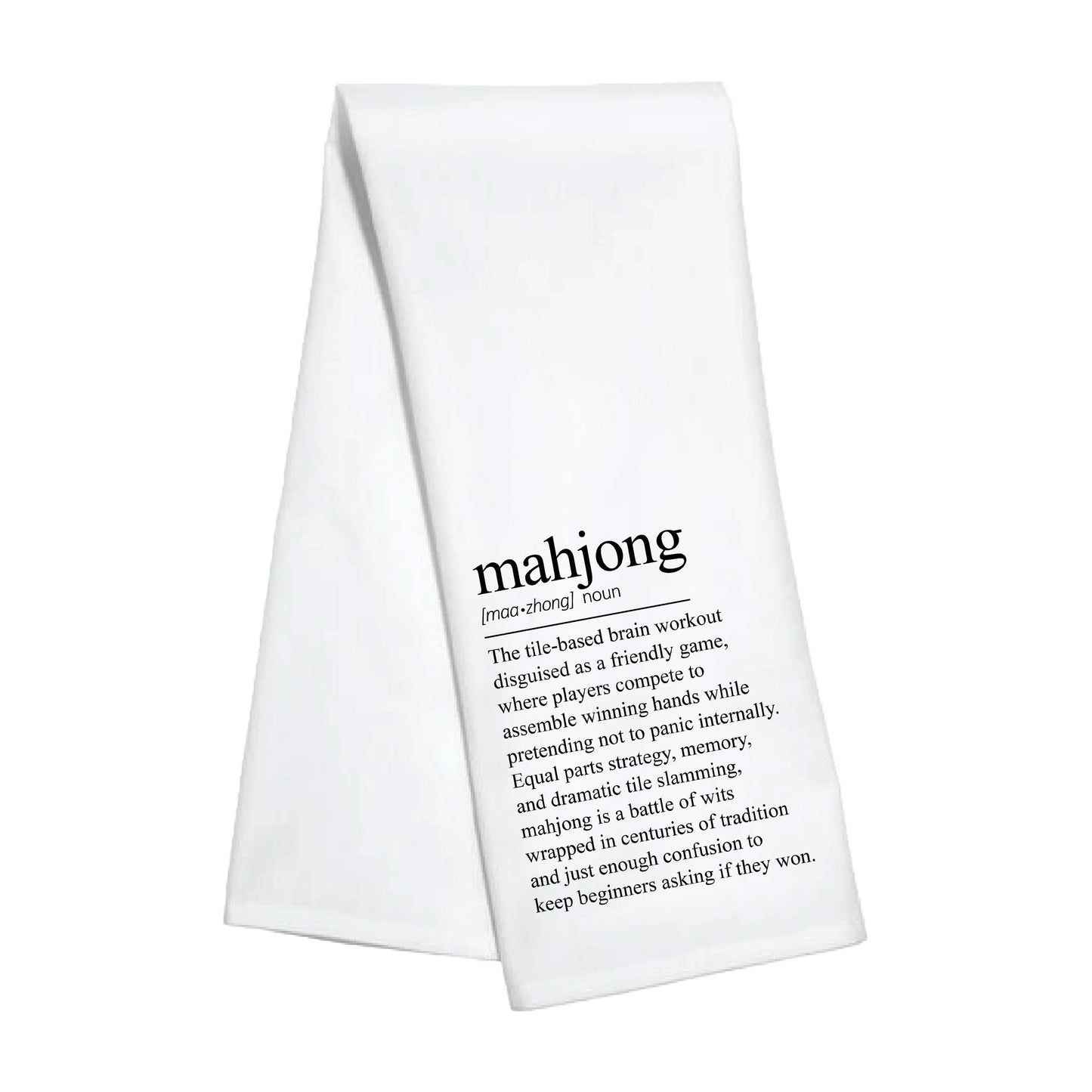 Kitchen towel with Mahjong definition print from Toss Designs, featuring a soft fabric with intricate Mahjong tile illustrations.