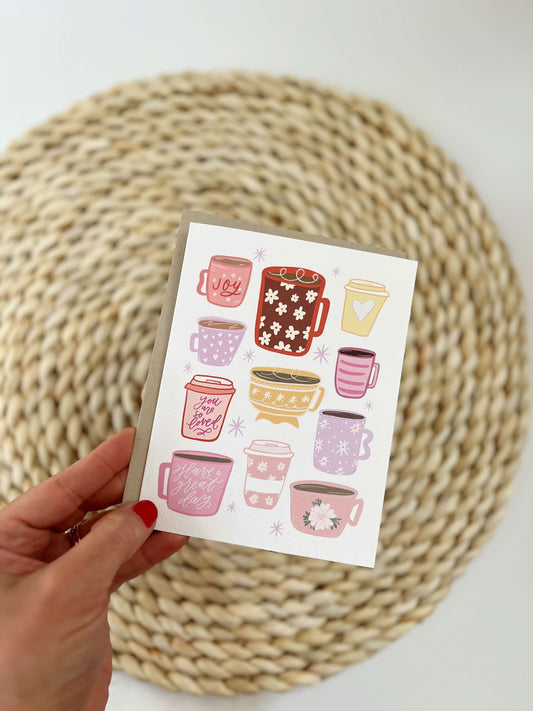 Happy Mugs Card - Coffee Cup, Floral Watercolor Coffee Lover - Porcupine Paper Co.