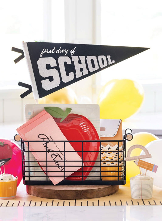 Set of 8 back to school themed 9-inch paper plates with notebook paper design by My Mind’s Eye, perfect for classroom celebrations.