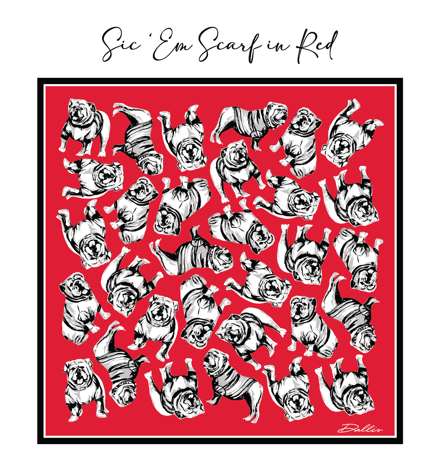 Red Sic 'Em Gameday scarf by Dallis Foshee Art & Design, LLC featuring bold lettering and team spirit design.