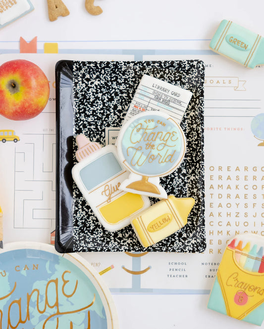 My Mind’s Eye Comp Notebook Plates set with 8 colorful, patterned paper plates for parties and gatherings.